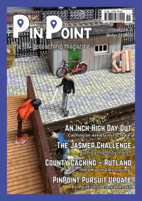 The front cover of PinPoint Issue 11 showing a section of a model railway layout with miniature model people looking for a cache under a bridge