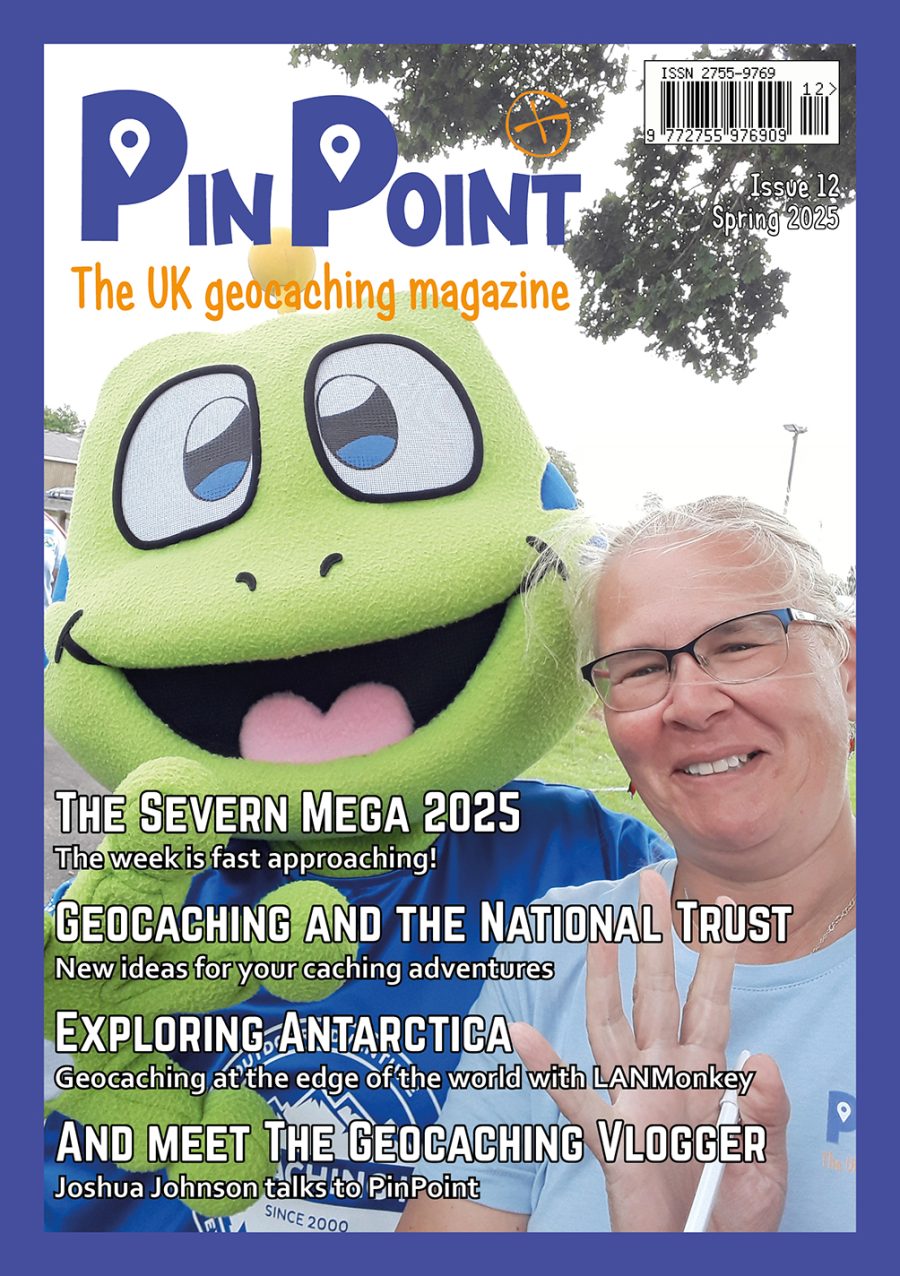 The front cover of PinPoint Issue 12. Signal the Frog and a female geocacher are facing the camera, smiling and waving.
